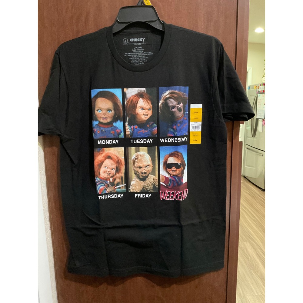 Chucky Men's days of the week meme Cotton graphic T size L (C-032)